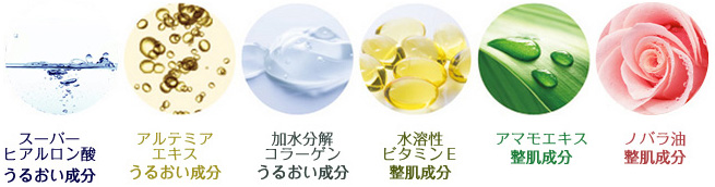 スーパーヒアルロン酸、アルテミアエキス、加水分解コラーゲン、水溶性ビタミンE、アマモエキス、ノバラ油